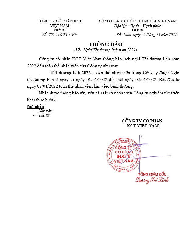 Lịch nghi tết dương lịch 2022 tại công ty KCT Việt Nam